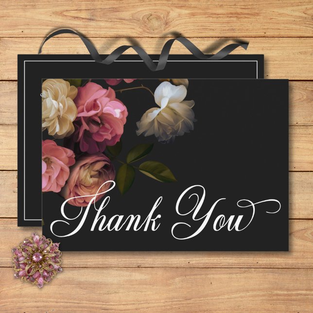 Dark Moody Burgundy & Cream Peonies Black Wedding Thank You Card (Dark Moody Burgundy & Cream Peonies Black Wedding Thank You Card)