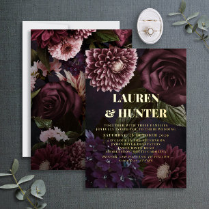 Dark Moody Burgundy Floral Botanical Wedding Gold Foil Invitation