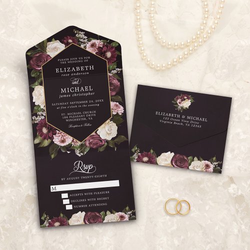 Dark Moody Burgundy Floral Elegant Wedding All In One Invitation