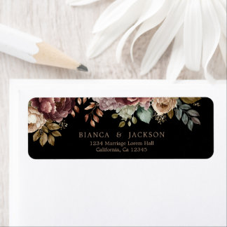 Dark moody Burgundy floral Wedding Return address Label