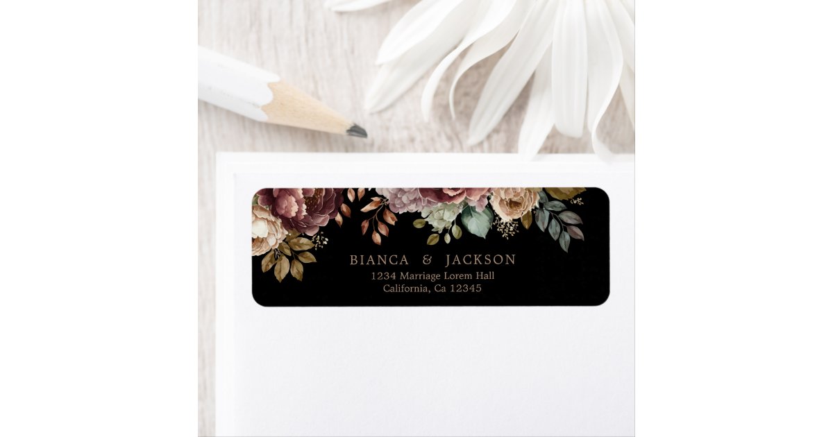 Dark moody Burgundy floral Wedding Return address Label | Zazzle