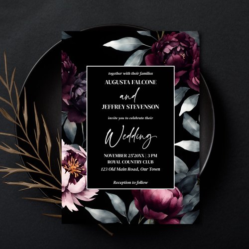 Dark moody burgundy flowers elegant all in one invitation