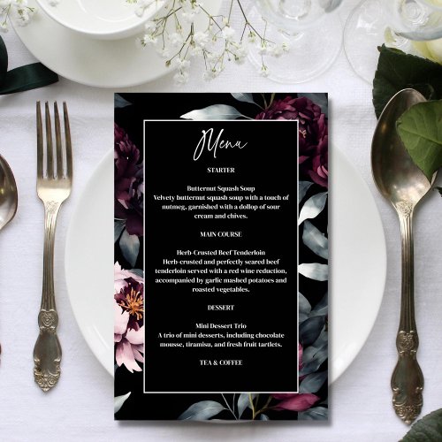 Dark moody burgundy flowers elegant wedding menu