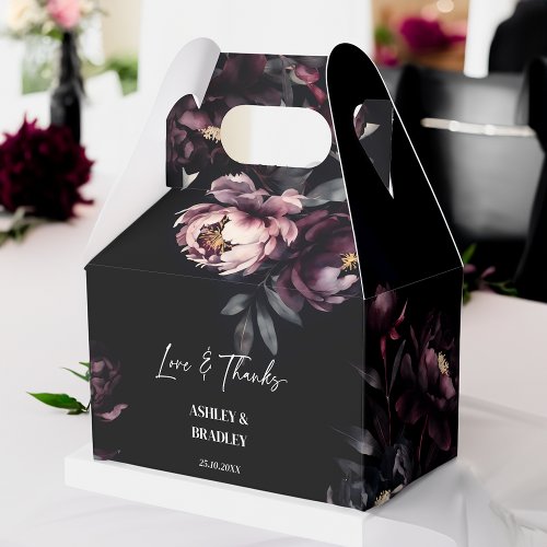 Dark moody burgundy flowers wedding favors favor boxes