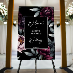 Dark moody burgundy flowers welcome sign
