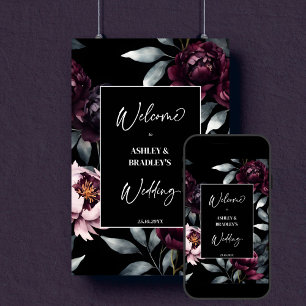 Dark moody burgundy flowers welcome sign