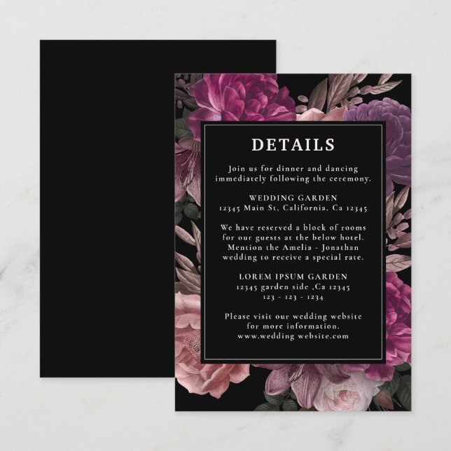 Dark Moody Burgundy & Maroon Floral Black Wedding Enclosure Card (Front/Back)