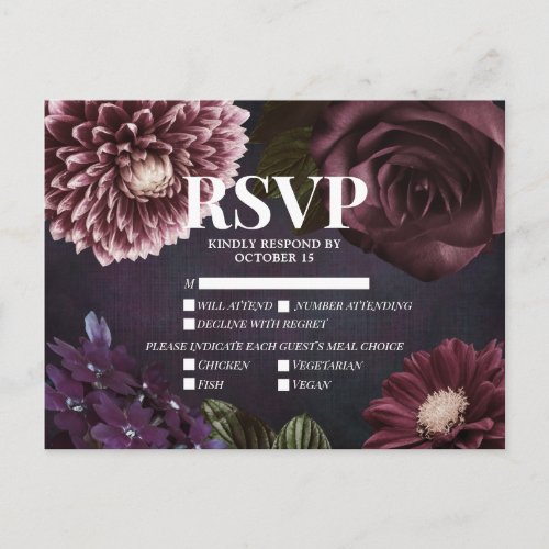 Dark Moody Burgundy Meal Choices Wedding RSVP Invitation Postcard