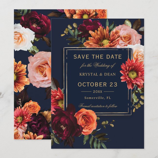Dark Moody Burgundy Orange Floral Navy Wedding Save The Date (Front/Back)