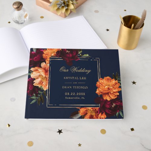 Dark Moody Burgundy Orange Navy Floral Wedding Guest Book