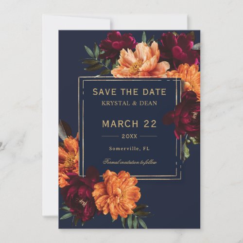 Dark Moody Burgundy Orange Navy Floral Wedding Save The Date