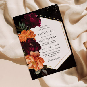 Dark Moody Burgundy Orange Peonies Floral Wedding Invitation