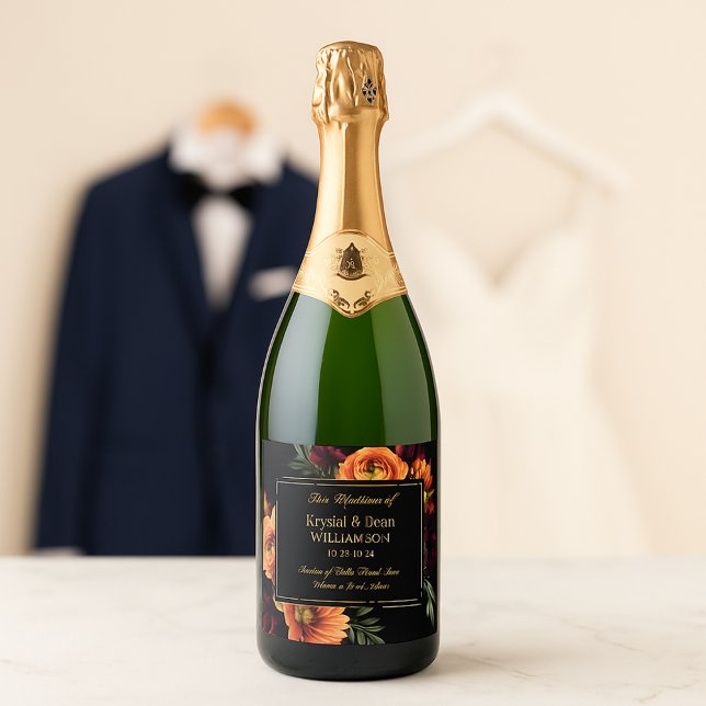 Dark Moody Burgundy Orange Rust Floral Wedding Sparkling Wine Label (Creator Uploaded)