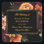 Dark Moody Burgundy Orange Rust Floral Wedding Square Sticker<br><div class="desc">Add a touch of timeless elegance to your wedding celebration with this dark moody floral square wedding sticker, beautifully designed in deep burgundy, rust orange, blush, and gold tones. Set against a sophisticated black background with faux gold frame accents, it perfectly captures the romantic and dramatic mood of a fall...</div>