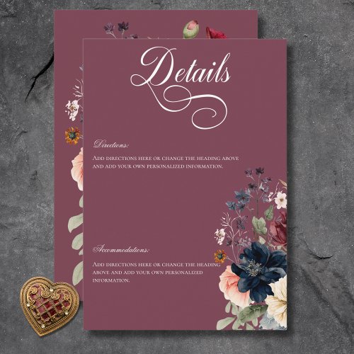 Dark Moody Burgundy Oval Floral Frame Details Enclosure Card