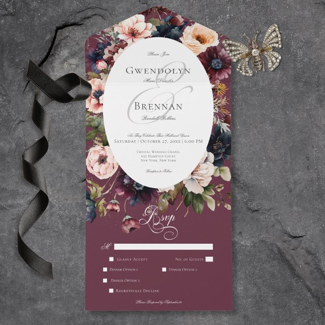 Dark Moody Burgundy Oval Floral Frame Dinner All In One Invitation (Dark Moody Burgundy Oval Floral Frame Dinner All In One Invitation)