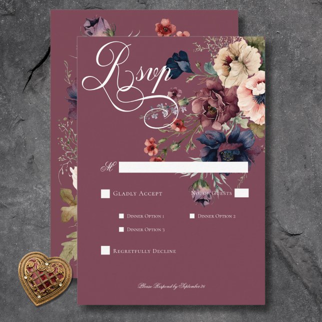 Dark Moody Burgundy Oval Floral Frame Dinner RSVP Card (Dark Moody Burgundy Oval Floral Frame Dinner RSVP Card)