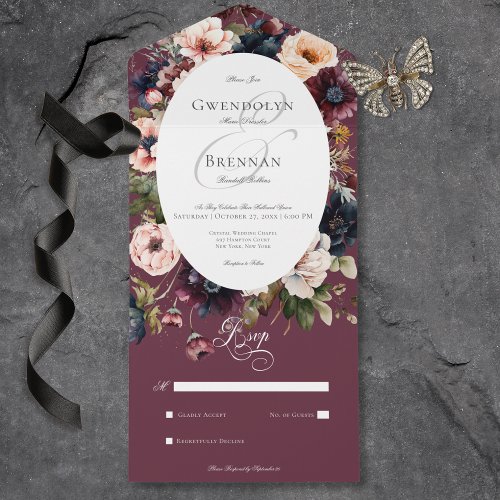 Dark Moody Burgundy Oval Floral Frame No Dinner All In One Invitation