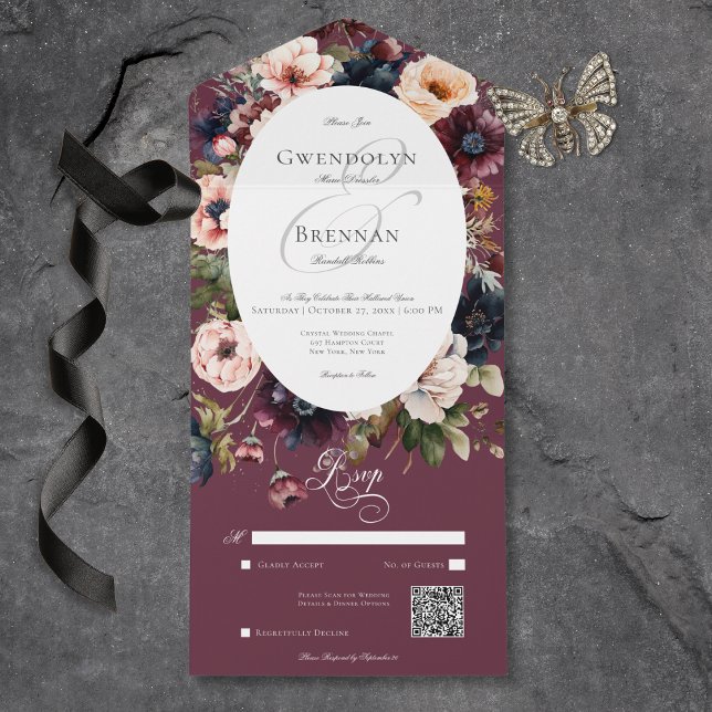 Dark Moody Burgundy Oval Floral Frame QR Code All In One Invitation (Dark Moody Burgundy Oval Floral Frame QR Code All In One Invitation)