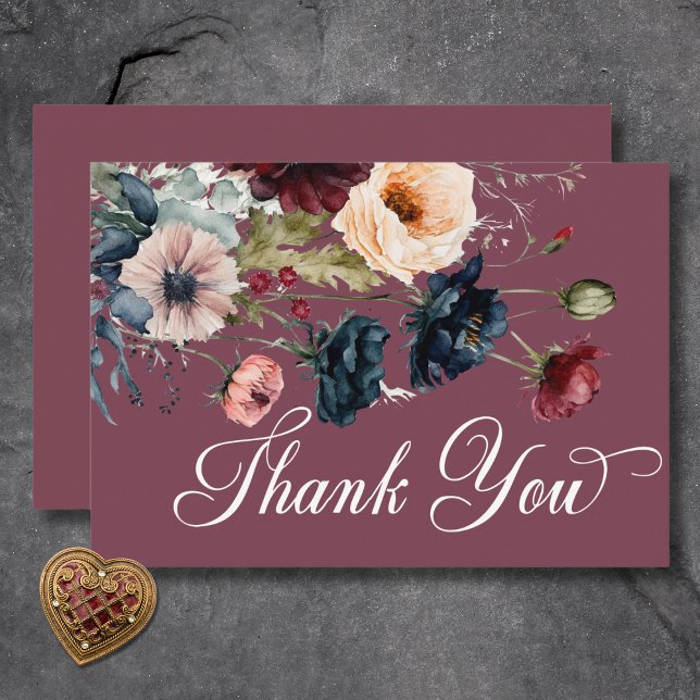 Dark Moody Burgundy Oval Floral Frame Wedding Thank You Card (Dark Moody Burgundy Oval Floral Frame Wedding Thank You Card)