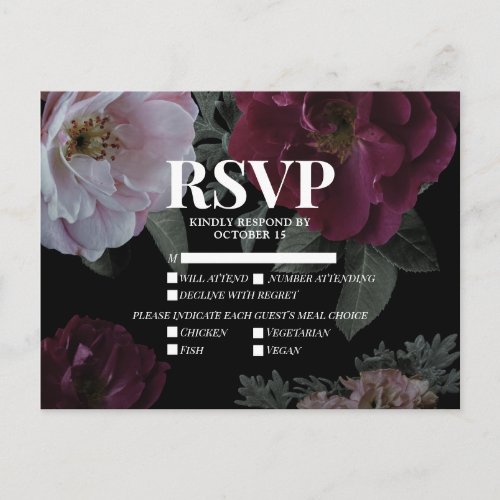 Dark Moody Burgundy Pink Meal Choices Wedding RSVP Invitation Postcard