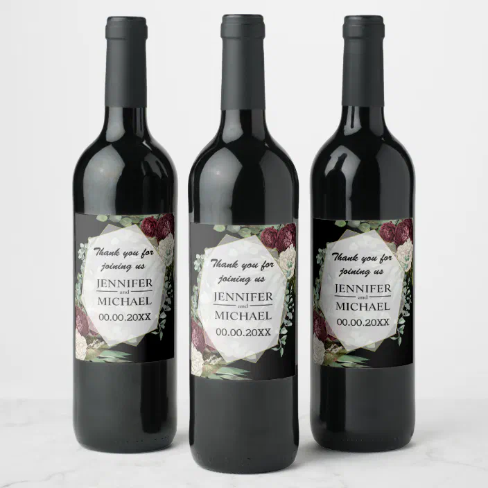 Dark moody burgundy rose ivory eucalyptus floral wine label | Zazzle.com