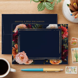 Dark Moody Burgundy Rust Navy Blue Floral Wedding Envelope