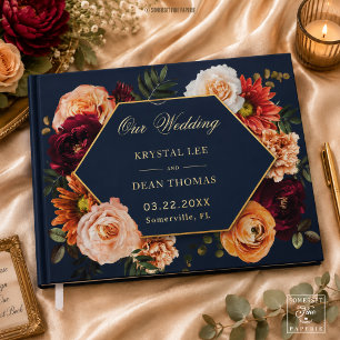 Dark Moody Burgundy Rust Navy Blue Floral Wedding Foil Guest Book