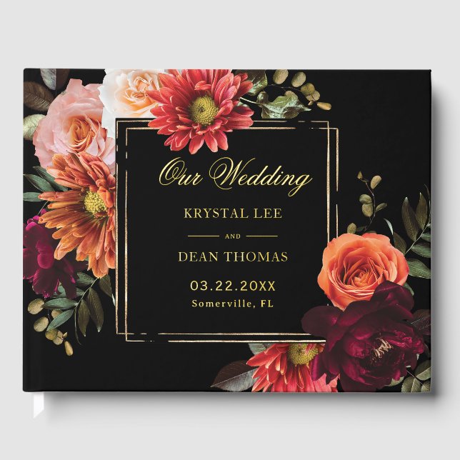 Dark Moody Burgundy Rust Orange Floral Wedding Foil Guest Book (Front)