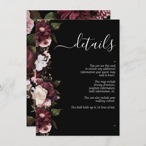 Dark Moody Burgundy Script Floral Wedding Details Enclosure Card