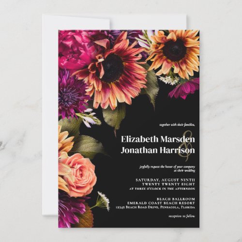 Dark Moody Burgundy Yellow Floral Boho Black  Invitation