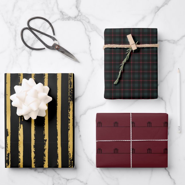 Dark Moody Christmas Gold, Crimson, Plaid, Black Wrapping Paper Sheets (Front)
