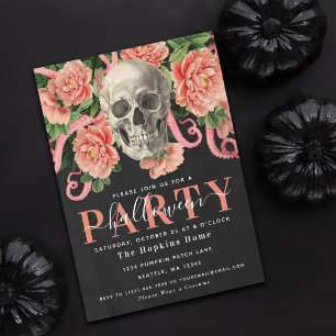Dark Moody Coral Skull Floral Halloween Party Invitation