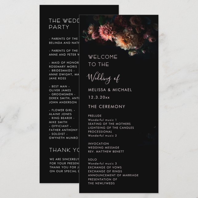 Dark Moody Dahlia Flower Wedding Program (Front/Back)
