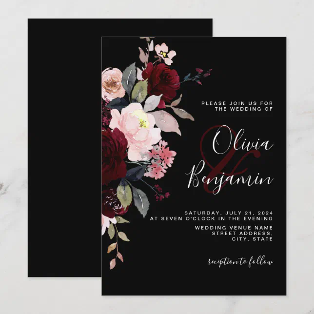 Dark Moody Elegant Floral Black Burgundy Wedding Invitation | Zazzle