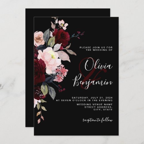 Dark Moody Elegant Floral Black Burgundy Wedding Invitation