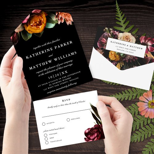 Dark  Moody Elegant Floral Black Wedding  All In One Invitation