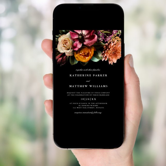 Dark + Moody Elegant Floral Black Wedding Invitation (Front Digital)