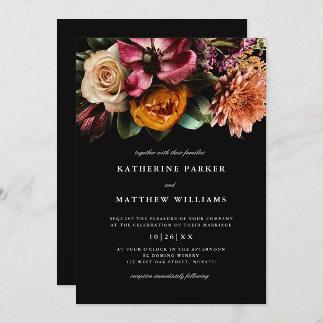 Dark + Moody Elegant Floral Black Wedding Invitation (Front/Back)