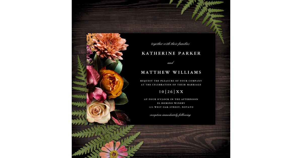 Dark + Moody Elegant Floral Black Wedding Invitation | Zazzle