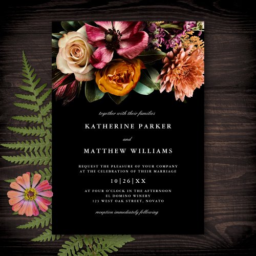 Dark  Moody Elegant Floral Black Wedding Invitation