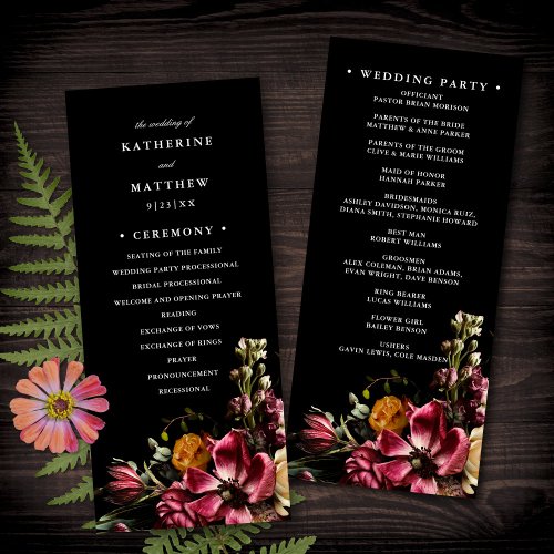 Dark  Moody Elegant Floral Black Wedding Program