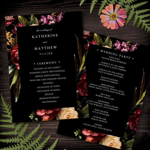 Dark  Moody Elegant Floral Black Wedding Program