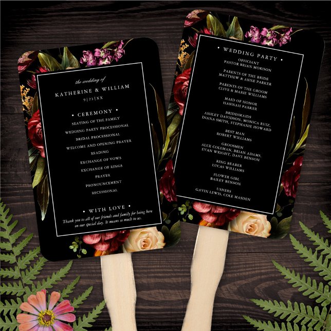 Dark + Moody Elegant Floral Black Wedding Program Hand Fan (Creator Uploaded)