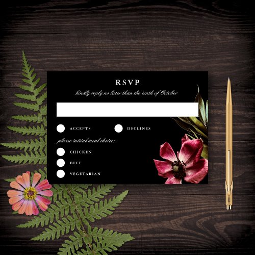 Dark  Moody Elegant Floral Black Wedding RSVP