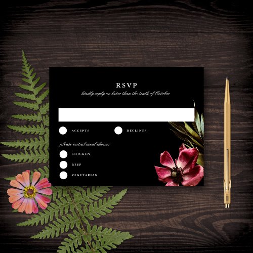 Dark  Moody Elegant Floral Black Wedding RSVP Invitation