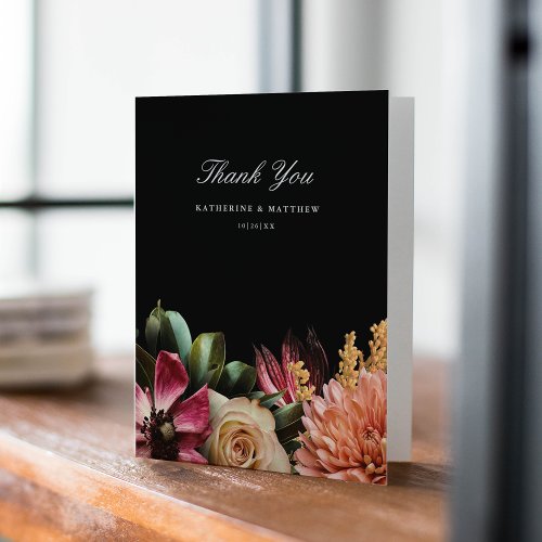 Dark  Moody Elegant Floral Black Wedding Thank You Card