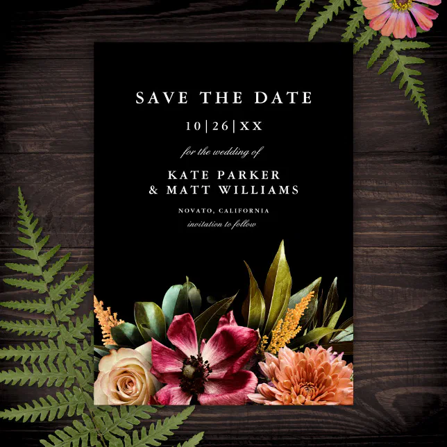Dark Moody Elegant Floral Wedding Save the Date Invitation | Zazzle