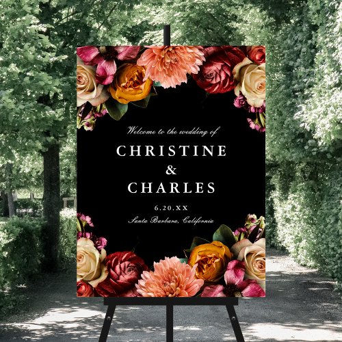 Dark  Moody Elegant Floral Wedding Welcome Sign 