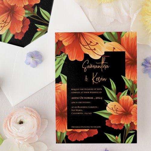  Dark Moody Elegant Orange Floral Wedding Invitation